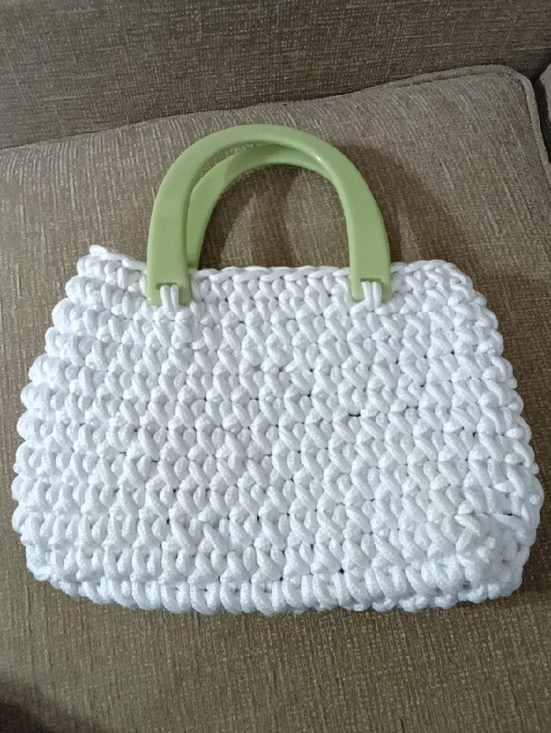 Handmade Handbags - HANDMADE White Crochet Handbag with Light Green Handles SIZE 11"